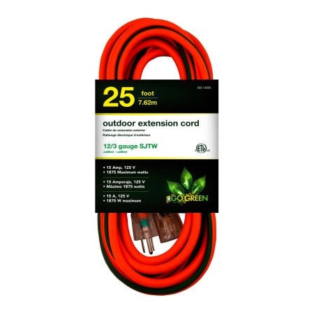 Gogreen SJTW Extension Cord, 12 AWG, Outdoor, 12/3, 1 Outlets, Green/Orange, 25 ft GG-14025